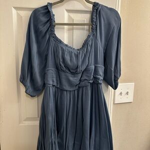 Altar'd State Slate Blue Puff-Sleeve Midi Dress